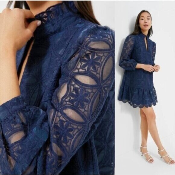 Tuckernuck NEW Navy Organza Lace Formal Palmerston Long Sleeve Mini Dress S - Picture 3 of 12
